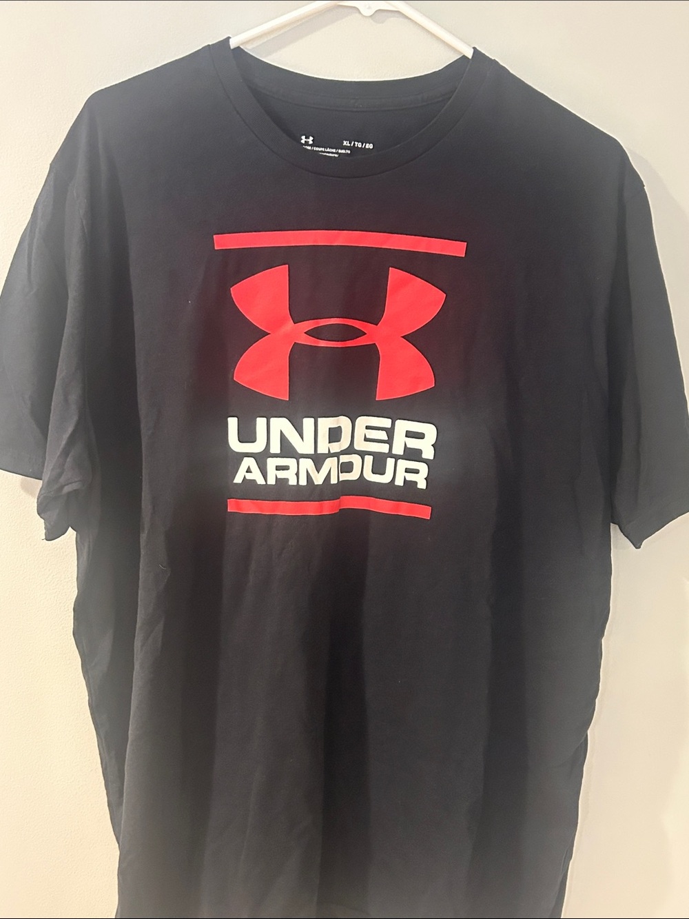 Under Armour Black Tee with Red Logo and White Text